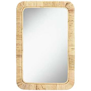 Noble Park Westby Rectangular Vanity Decorative Accent Wall Mirror Modern Rounded Corner Tan Natural Rattan Wrapped Frame 24" Wide for Bathroom Bedroom Living Room Home Office Entryway