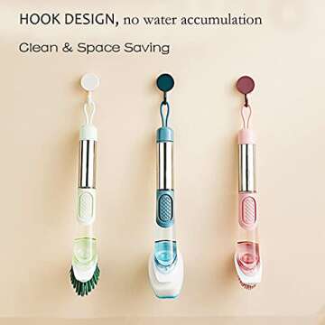 Soap Dispensing Dish Brush, 3-in-1 Kitchen Brush Set Scrub Brush with Hook for Pot Pan Dishes Sink Cleaning DR0190 Green