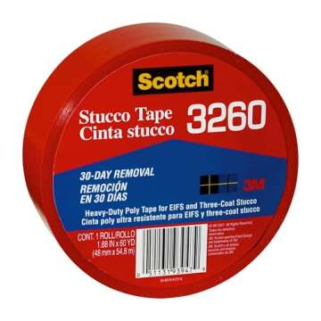 Scotch Stucco Tape, 1.88 in x 60yd, 30 Day Clean Removal, Heavy-Duty Outdoor Stucco Tape, UV & Moisture Resistant, Water Resistant Poly Backing, 1 Roll, Red (3260-A)