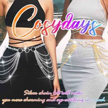 COSYDAYS Silver Chain Belts Rhinestone Waist Chain Layered Body Chains Jewelry for Women