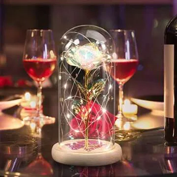 Mothers Day Rose Gifts for Mom, Valentines Day Gifts Birthday Gifts for Women Girlfriend, Colorful Artificial Flower Galaxy Rose in Glass Dome with LED Light for Wife Grandma on Anniversary, Wedding