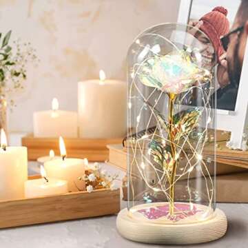 Mothers Day Rose Gifts for Mom, Valentines Day Gifts Birthday Gifts for Women Girlfriend, Colorful Artificial Flower Galaxy Rose in Glass Dome with LED Light for Wife Grandma on Anniversary, Wedding