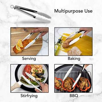 Stylish Stainless Steel Silicone Tipped Kitchen Tongs Set