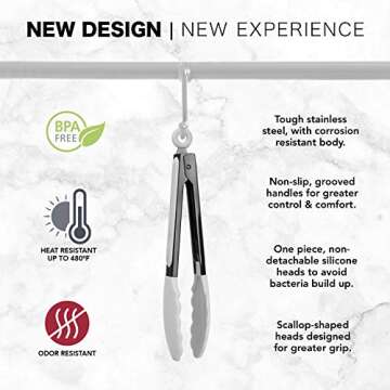 Stylish Stainless Steel Silicone Tipped Kitchen Tongs Set