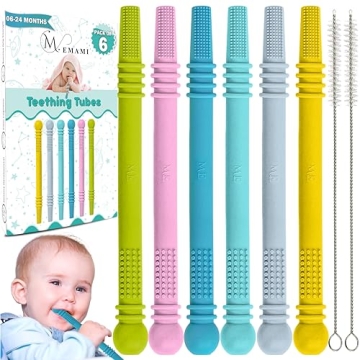 M. Emami Baby Teething Toy - Pack of 6 Hollow Teething Sticks with 2 Cleaning Brushes - 100% Food Gr...