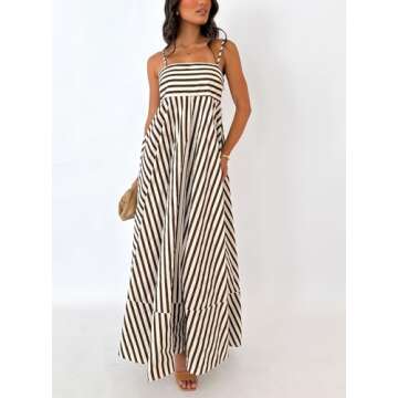 Faretumiya Women Summer Striped Maxi Dress Sleeveless Cutout Backless Long Flowy Dress Spaghetti Strap Boho Beach Sun Dress（Print Black ，Small）