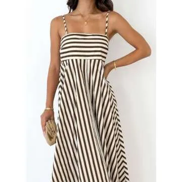 Faretumiya Women Summer Striped Maxi Dress Sleeveless Cutout Backless Long Flowy Dress Spaghetti Strap Boho Beach Sun Dress（Print Black ，Small）