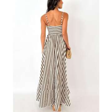 Faretumiya Women Summer Striped Maxi Dress Sleeveless Cutout Backless Long Flowy Dress Spaghetti Strap Boho Beach Sun Dress（Print Black ，Small）