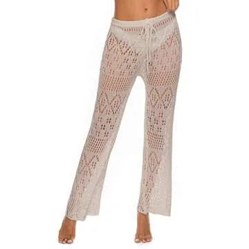 Kistore Womens Crochet Swim Coverup Pants Lounge Wear Long Mesh Lace Pants Cover Up Swimwear