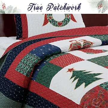 Cozy Line Home Fashions Christmas True Patchwork Wreaths Pine Tree Stockings Rustic Reversible Quilt...