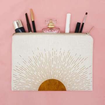 Sunshine Ray Makeup Bag Natural Linen Zipper Pouch - Stylish & Functional Travel Accessory