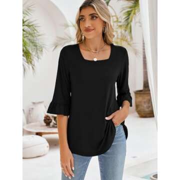 Poetsky Women's Casual 3/4 Sleeve Tops Summer Square Neck T Shirts Ruffle Loose Fit Tunic Blouses