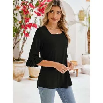 Poetsky Women's Casual 3/4 Sleeve Tops Summer Square Neck T Shirts Ruffle Loose Fit Tunic Blouses