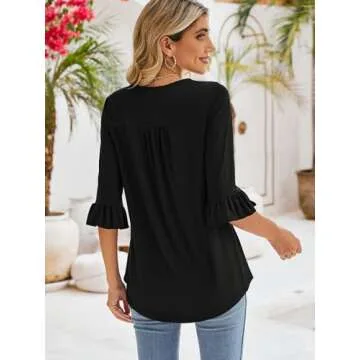 Poetsky Women's Casual 3/4 Sleeve Tops Summer Square Neck T Shirts Ruffle Loose Fit Tunic Blouses