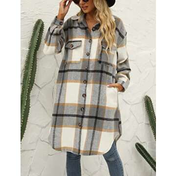 SeekMe Women's Plaid Long Shirt Jacket Button Down Long Sleeve Lapel Collar Pocket Shacket(0449-Grey-M-FY)