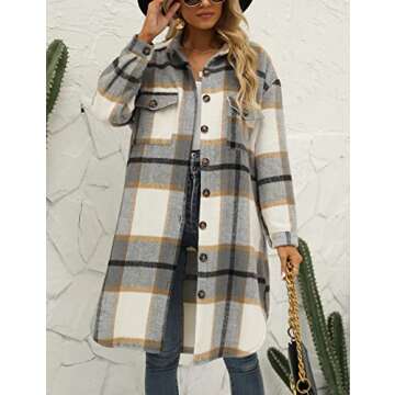 SeekMe Women's Plaid Long Shirt Jacket Button Down Long Sleeve Lapel Collar Pocket Shacket(0449-Grey-M-FY)