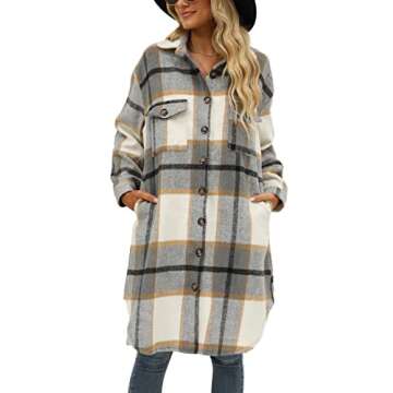 SeekMe Women's Plaid Long Shirt Jacket Button Down Long Sleeve Lapel Collar Pocket Shacket(0449-Grey-M-FY)