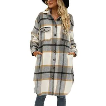 SeekMe Women's Plaid Long Shirt Jacket Button Down Long Sleeve Lapel Collar Pocket Shacket(0449-Grey-M-FY)