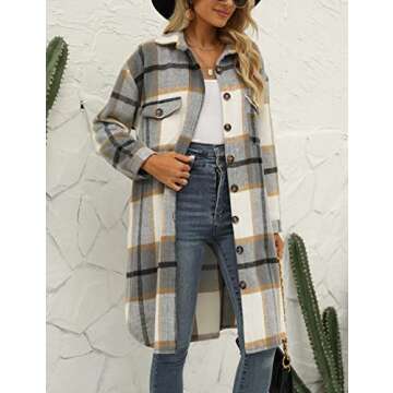 SeekMe Women's Plaid Long Shirt Jacket Button Down Long Sleeve Lapel Collar Pocket Shacket(0449-Grey-M-FY)