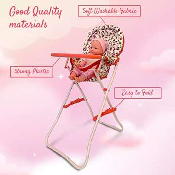 Baby Doll High Chair, Toy High Chair for Baby Doll, Baby Toy Highchair Doll Chair, Baby Doll Accessories, Baby Doll Furniture, 18 Inch Doll Furniture for Baby Doll Toys, 18 Inch Doll Accessories