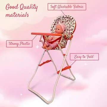 Baby Doll High Chair, Toy High Chair for Baby Doll, Baby Toy Highchair Doll Chair, Baby Doll Accessories, Baby Doll Furniture, 18 Inch Doll Furniture for Baby Doll Toys, 18 Inch Doll Accessories