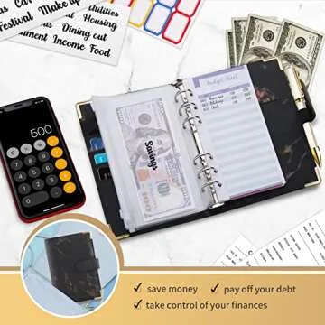 Onlyesh Budget Binder, Cash Envelopes for Budgeting, Money Organizer for Cash, 28Pcs Budget Binder with Cash Envelopes, Marble 6-Ring Money Saving Binder(Black)