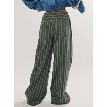 Acelitt Women's Casual Striped Color Block Pants Drawstring Elastic Waist 2025 Fall Trendy Comfy Loose Wide Leg Pants Trousers with Pockets Green Small