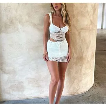 Women Y2k Crochet Knitted Two Piece Outfits Sleeveless Hollow Out Cami Top and High Waist Mini Skirt Beach Wear White S