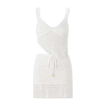 Women Y2k Crochet Knitted Two Piece Outfits Sleeveless Hollow Out Cami Top and High Waist Mini Skirt Beach Wear White S