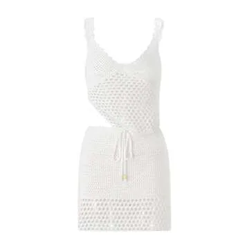 Women Y2k Crochet Knitted Two Piece Outfits Sleeveless Hollow Out Cami Top and High Waist Mini Skirt Beach Wear White S
