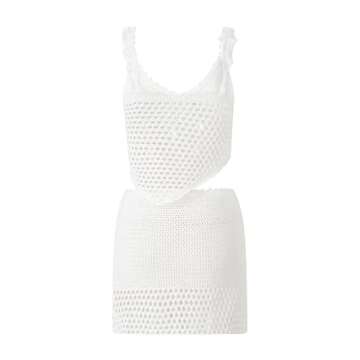 Women Y2k Crochet Knitted Two Piece Outfits Sleeveless Hollow Out Cami Top and High Waist Mini Skirt Beach Wear White S