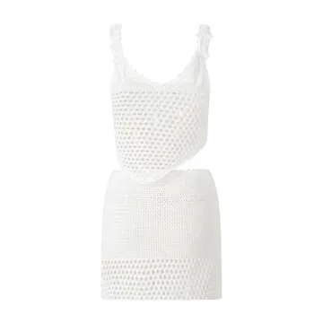 Women Y2k Crochet Knitted Two Piece Outfits Sleeveless Hollow Out Cami Top and High Waist Mini Skirt Beach Wear White S