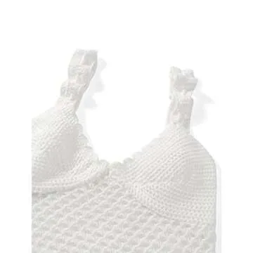Women Y2k Crochet Knitted Two Piece Outfits Sleeveless Hollow Out Cami Top and High Waist Mini Skirt Beach Wear White S