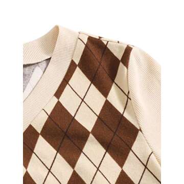 Verdusa Women's Casual Argyle Print Short Sleeve V Neck Crop Tee Shirt Top Brown and Apricot S