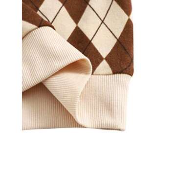 Verdusa Women's Casual Argyle Print Short Sleeve V Neck Crop Tee Shirt Top Brown and Apricot S