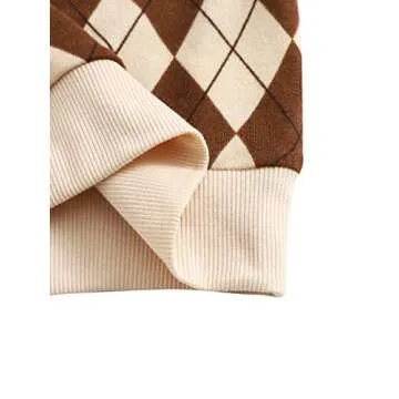 Verdusa Women's Casual Argyle Print Short Sleeve V Neck Crop Tee Shirt Top Brown and Apricot S