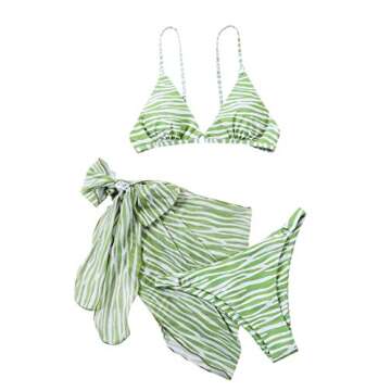MakeMeChic Women's 3 Piece Zebra Bikini Sets Swimsuit Bathing Suit Cover Up Skirt Zebra Striped Green M