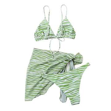 MakeMeChic Women's 3 Piece Zebra Bikini Sets Swimsuit Bathing Suit Cover Up Skirt Zebra Striped Green M