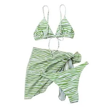 MakeMeChic Women's 3 Piece Zebra Bikini Sets Swimsuit Bathing Suit Cover Up Skirt Zebra Striped Green M