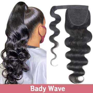 datanala Body Wave Human Hair Ponytail Extension with Magic Paste Warp Around Brazilian Virgin Body ...