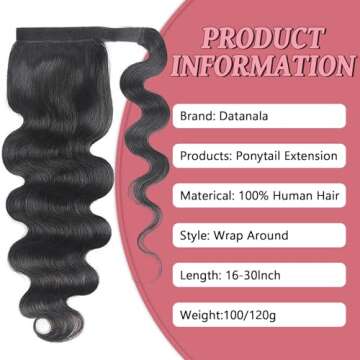 datanala Body Wave Human Hair Ponytail Extension with Magic Paste Warp Around Brazilian Virgin Body Wave Ponytail 100% Remy Human Hair Ponytails Extension Natural Color for Black Women （16inch）