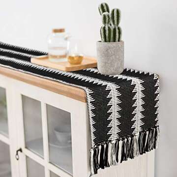 Black Table Runner 14 in x 72 in,KIMODE Farmhouse Boho Black/White Striped Christmas Table Runners Cotton Woven Fringe Dinning Table Minimalist Home Decor
