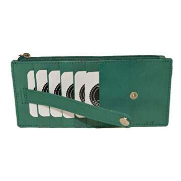 Leatherboss Genuine Leather Women's All in One Credit Business Card Case Holder Slim Zipper Wallet With a Card Protection Strap, Forest Green