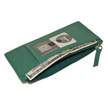 Leatherboss Genuine Leather Women's All in One Credit Business Card Case Holder Slim Zipper Wallet With a Card Protection Strap, Forest Green