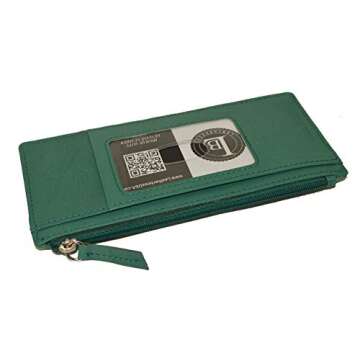 Leatherboss Genuine Leather Women's All in One Credit Business Card Case Holder Slim Zipper Wallet With a Card Protection Strap, Forest Green