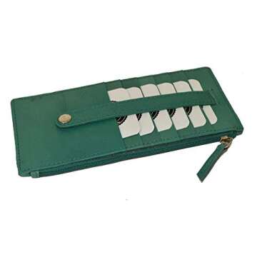Leatherboss Genuine Leather Women's All in One Credit Business Card Case Holder Slim Zipper Wallet With a Card Protection Strap, Forest Green