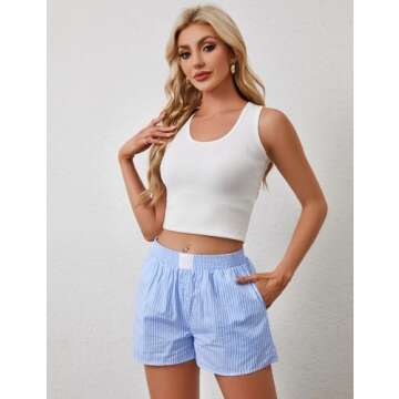 ICOBID Womens Lounge Shorts Striped Elastic Waist Pajama Shorts Summer Causal Boxers Bottoms Comfy Sleepwear With Pockets, Small, Blue&white