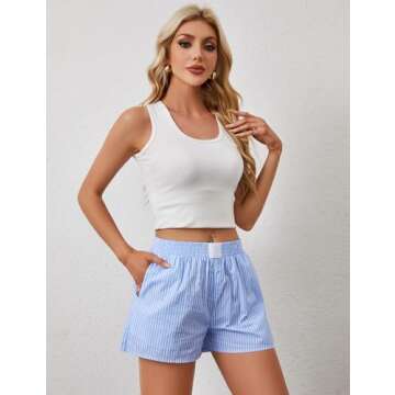 ICOBID Womens Lounge Shorts Striped Elastic Waist Pajama Shorts Summer Causal Boxers Bottoms Comfy Sleepwear With Pockets, Small, Blue&white