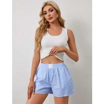 ICOBID Womens Lounge Shorts Striped Elastic Waist Pajama Shorts Summer Causal Boxers Bottoms Comfy Sleepwear With Pockets, Small, Blue&white