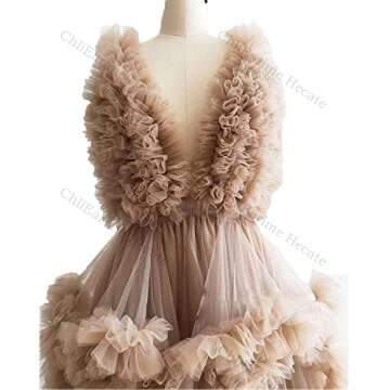 Ladies Dressing Gown Perspective Sheer Long Robe Puffy Tulle Maternity Gown for Photoshoot Dusty Pink S